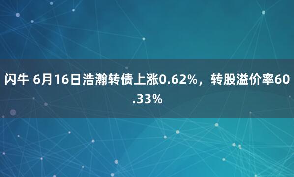 闪牛 6月16日浩瀚转债上涨0.62%，转股溢价率60.33%
